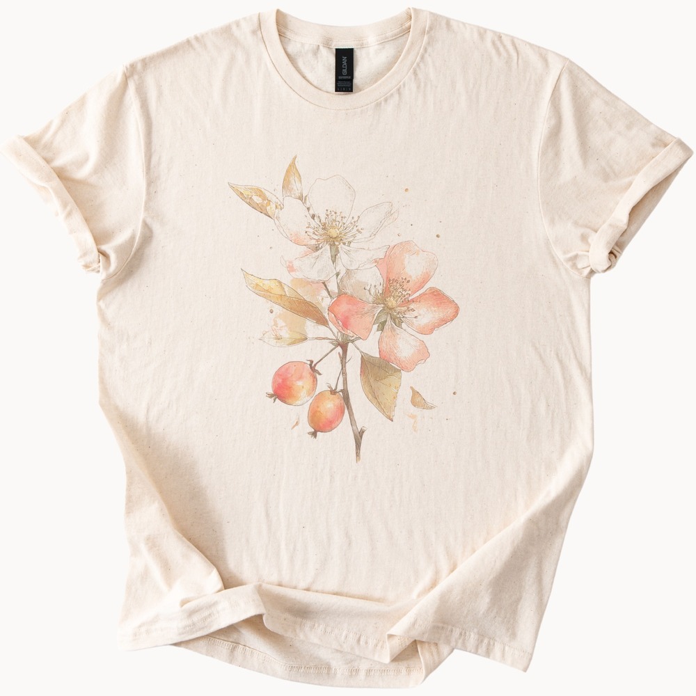 Botanical Branch Graphic Tee with Florals and Fruits Natural